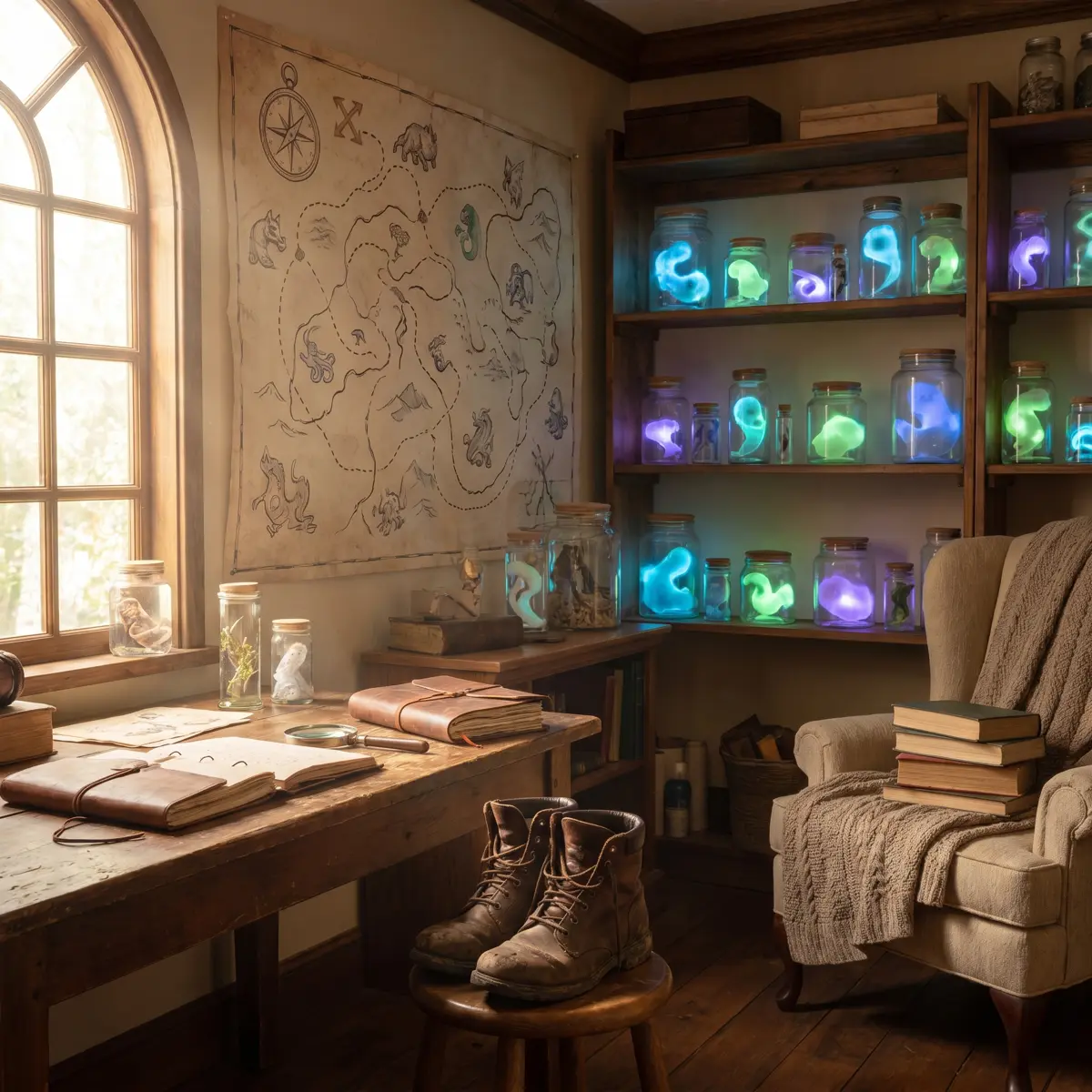 Folklore research room with an imaginary monster crossing map and glowing specimen jars