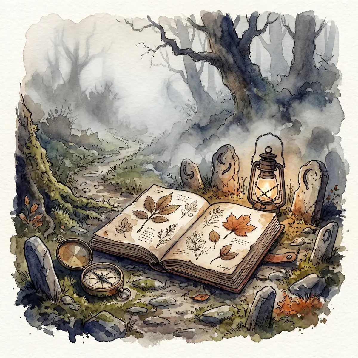 Open field journal with route markers, compass, lantern, and foggy border path