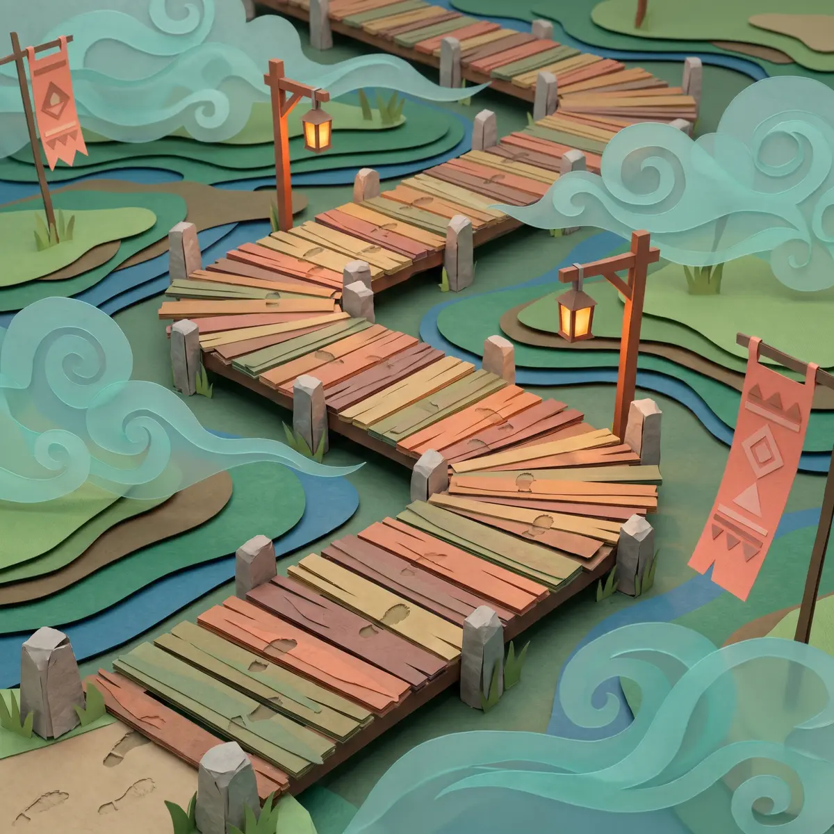 Paper-cut landscape of a marsh boardwalk with border markers and gentle strange footprints