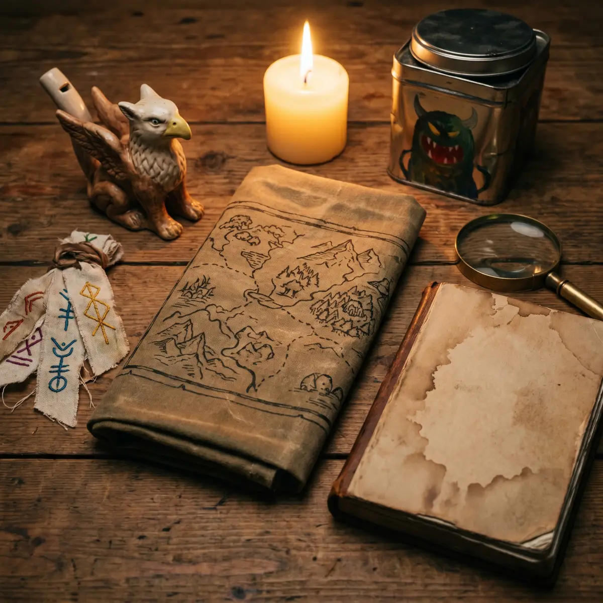 Candlelit field kit with whistle, ribbon tags, folded route cloth, hand lens, and blank notebook