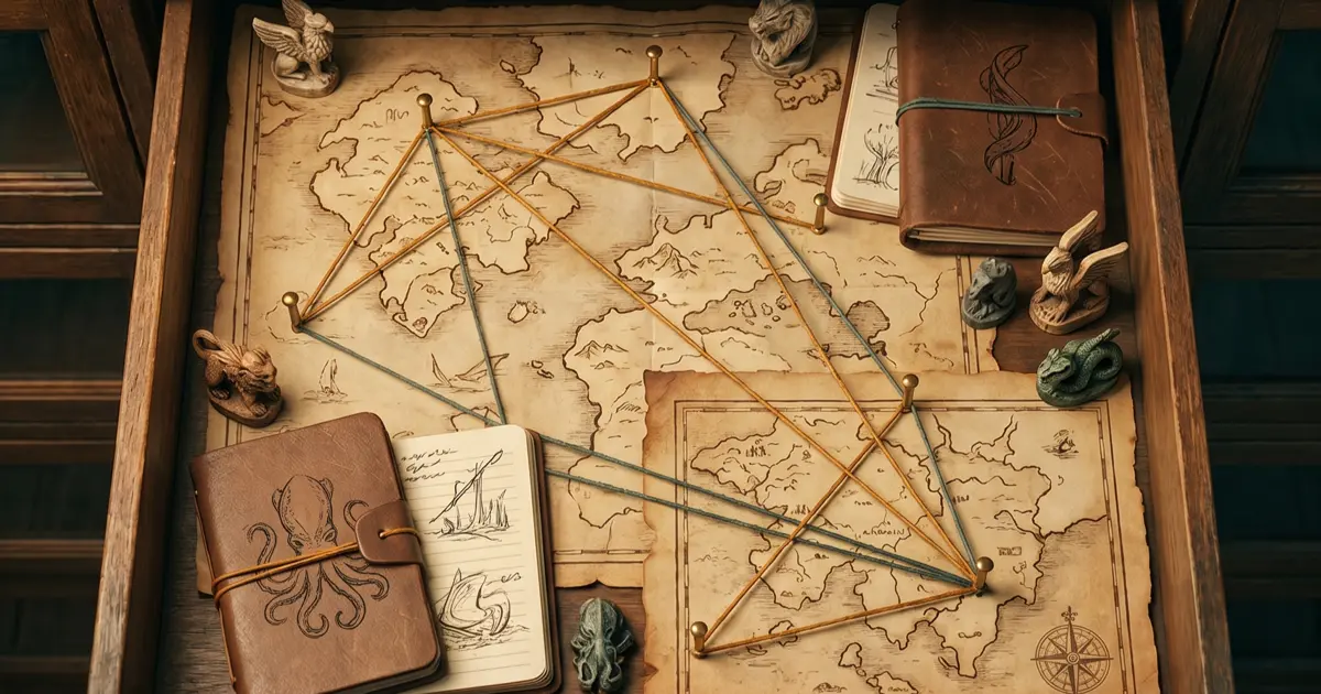 Illustrated cabinet of monster crossing maps with brass pins and creature tokens